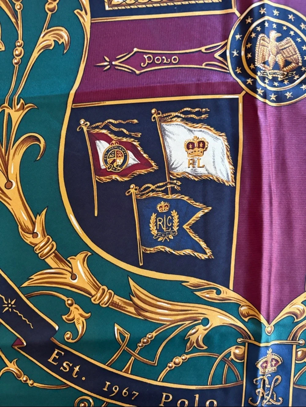 Vintage Polo Ralph Lauren Heraldic Silk Scarf - Teal, Navy, Gold, Burgundy